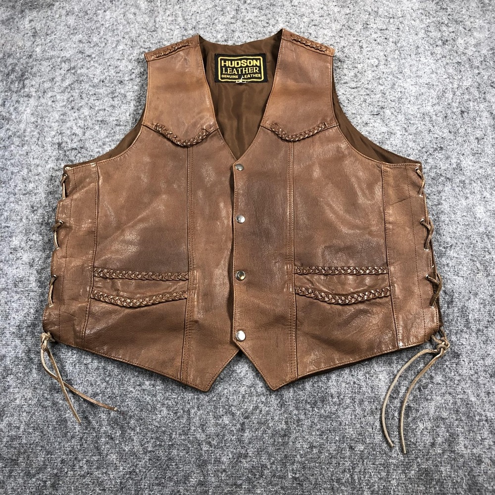 Vintage Hudson Leather Vest Mens XXL Brown Genuine Leather Biker Side Lace Snap
